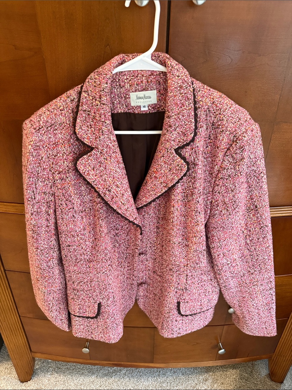Neiman Marcus Pink Tweed Blazer with Dark Trim size 16